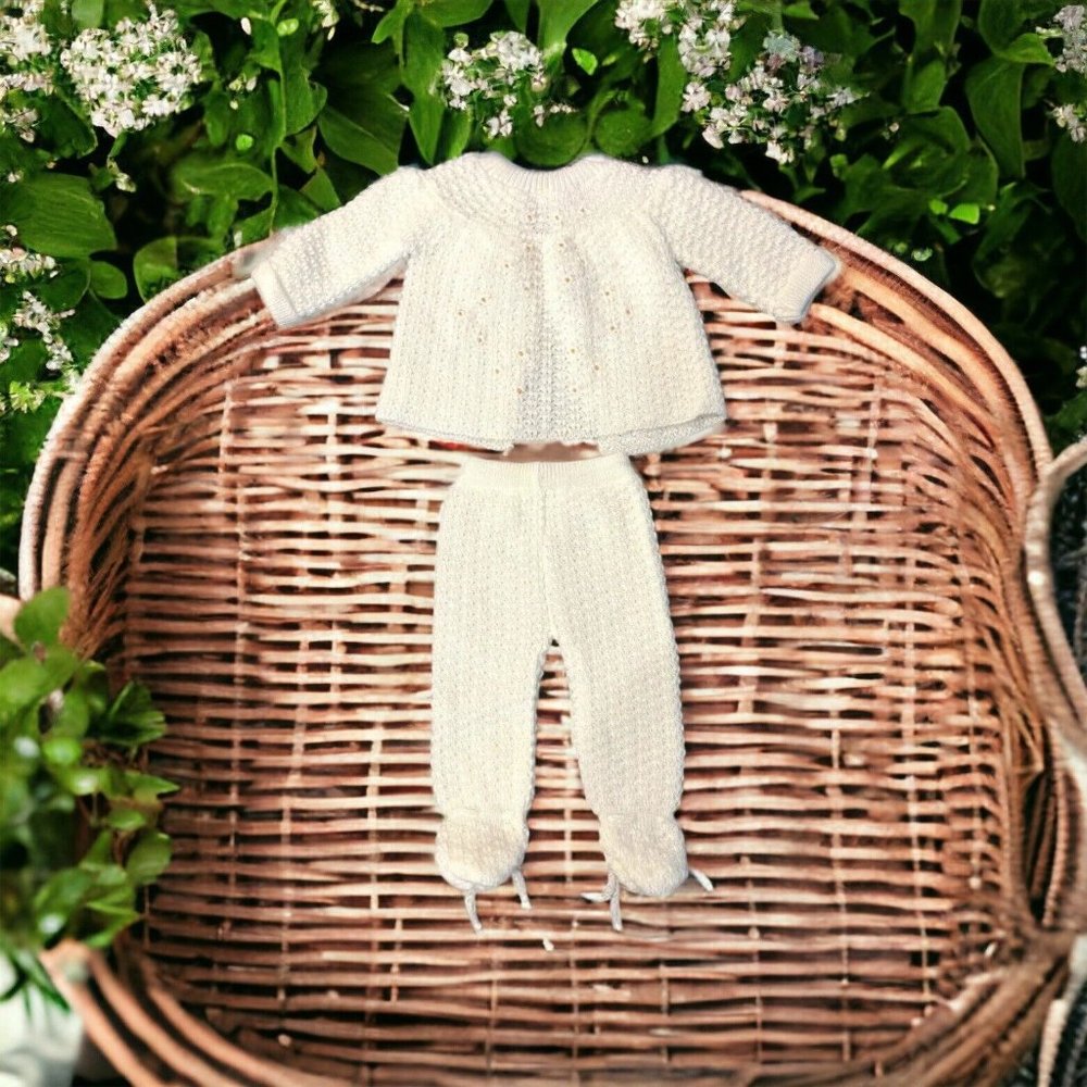 Vtg Italy Knit New Born Baby Layette Ribbon Sweater Pants White Wedding Baptism - Picture 3 of 15
